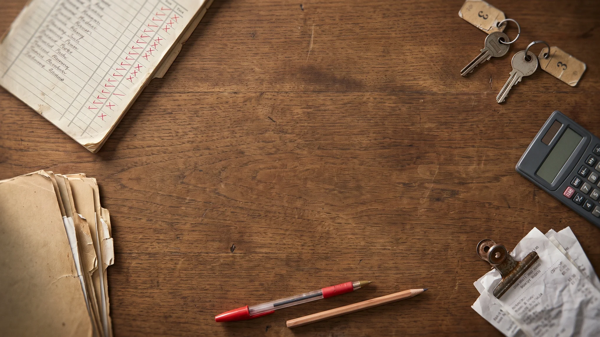 A printed rent roll on a wooden table, its column ticked in red pen, beside tabbed tenancy folders, two door keys on numbered card tags, a clip of receipts and a pocket calculator.